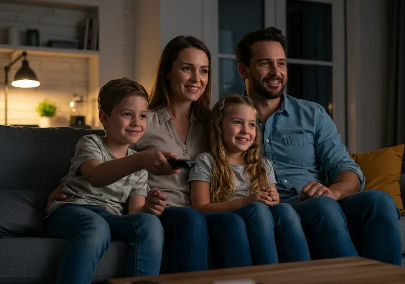 a family watching tv at night
